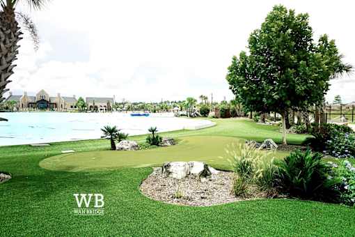 A golf course with a pool in the background and a palm tree in the foreground.