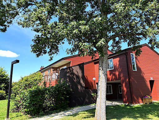 A red house with a tree in front.