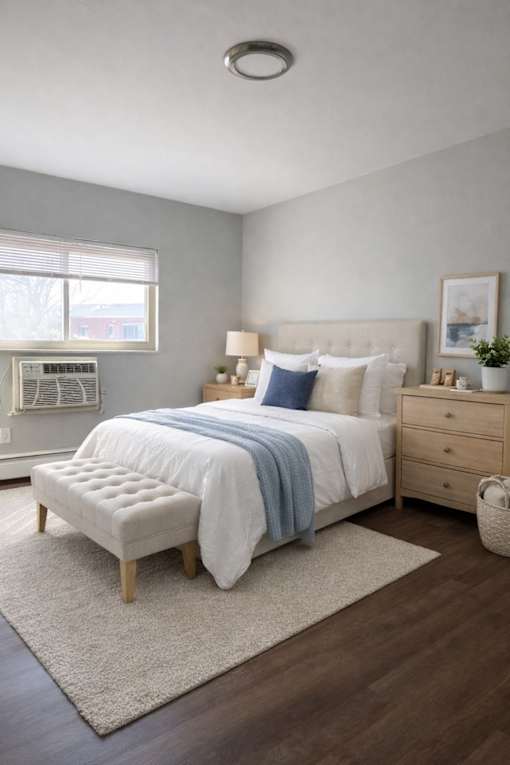 A bedroom with a bed, nightstand, and window.