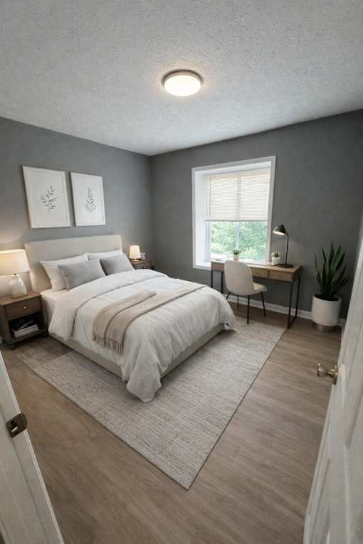 A bedroom with a large bed and a window.