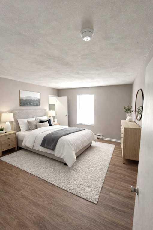 A bedroom with a large bed, nightstand, and a framed picture on the wall.
