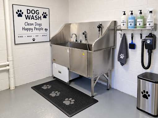 A dog wash station with a sign that says "Dog Wash Clean Dogs Happy People".