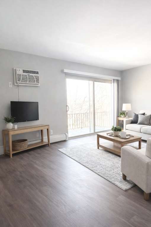 A living room with a flat screen TV mounted on the wall.
