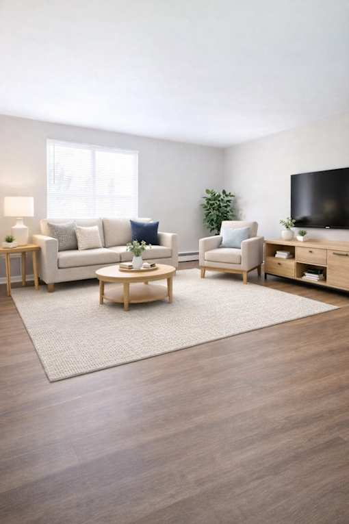 A living room with a white couch, a wooden coffee table, and a flat-screen TV.