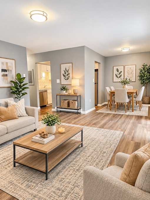 A living room with a couch, coffee table, and dining area.