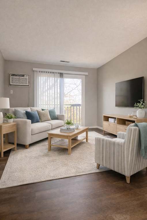A living room with a couch, chair, and television.