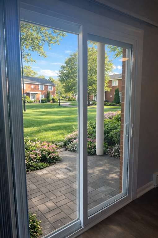 A view of a backyard through a sliding glass door.