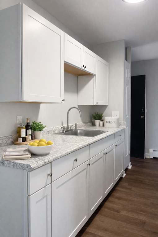 A kitchen with white cabinets and a marble countertop.