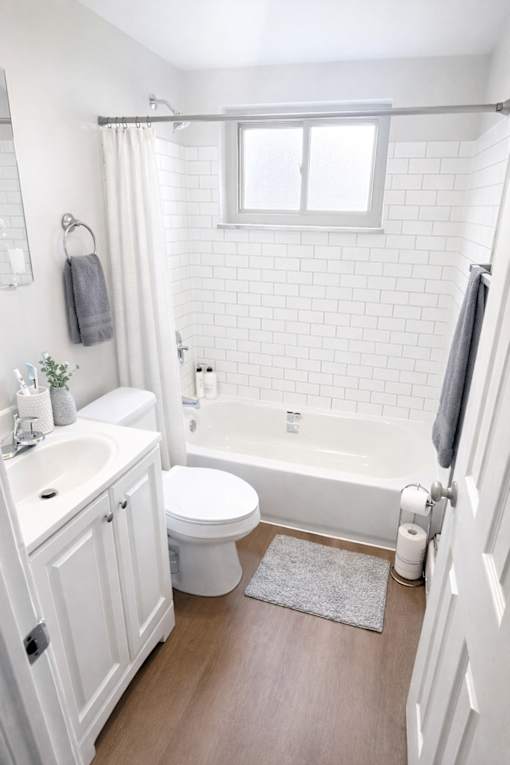 A white bathroom with a toilet, sink, and bathtub.