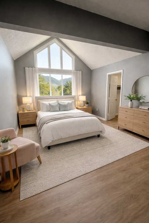 A bedroom with a large bed, a window with a view of trees, and a wooden nightstand with a plant on top.