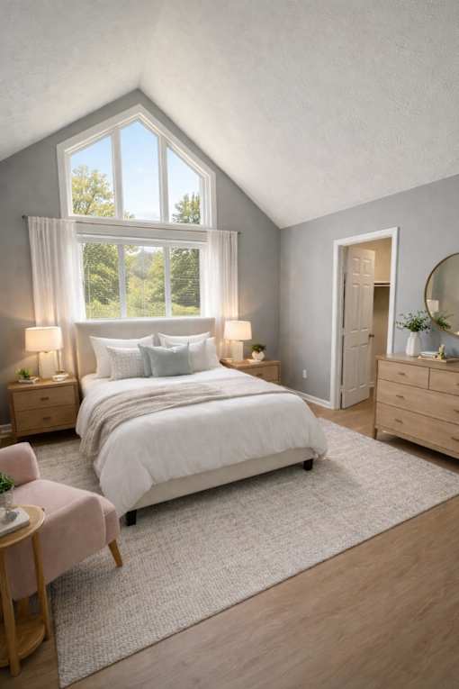 A bedroom with a large bed, a window with a view of trees, and a pink chair.