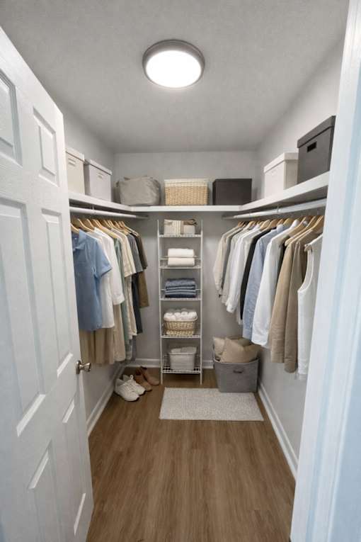 A walk-in closet with clothes and shelves.