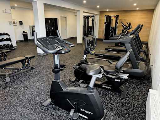 A gym with a variety of cardio equipment including treadmills and stationary bikes.