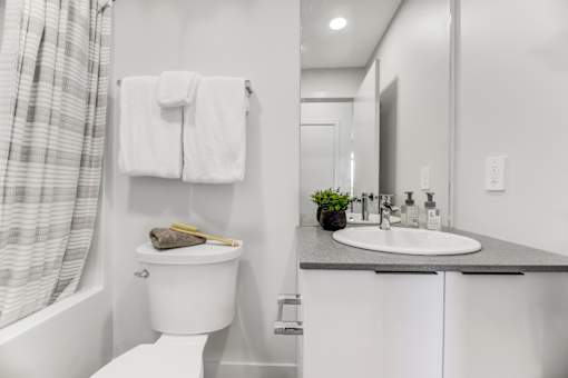 A white toilet sits next to a sink in a bathroom.