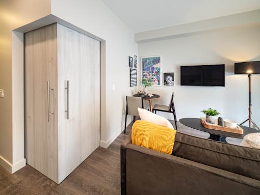 A modern bedroom with a brown bed and a wooden wardrobe.