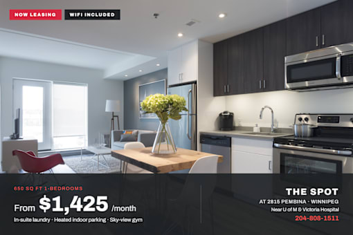 A modern kitchen with a dining table and chairs is on display for lease.