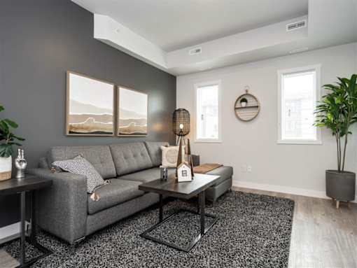 A grey sofa with a grey cushion and a grey cushion on it.