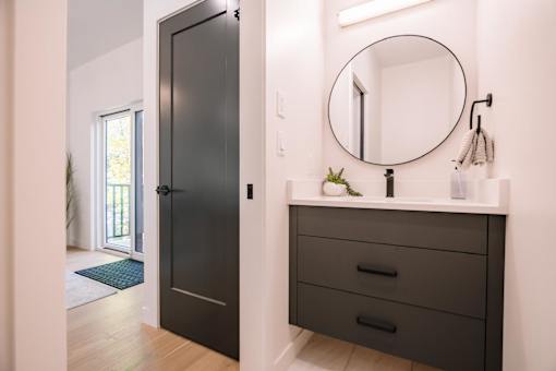 A bathroom with a black door, a round mirror, and a white counter with a plant on it.