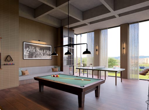 A pool table in a room with a large window.