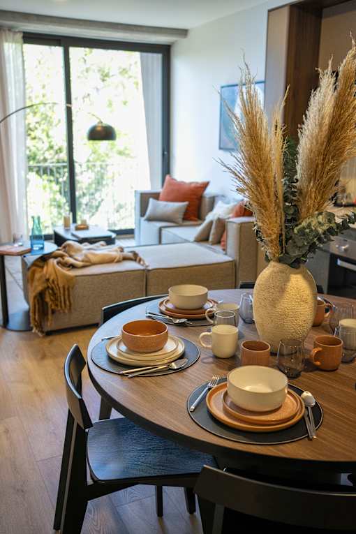 A table set for a meal with a vase of dried flowers in the center.