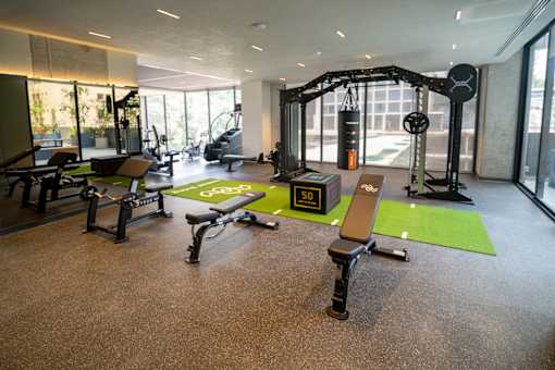 A gym with a variety of equipment including a squat rack, bench, and weights.