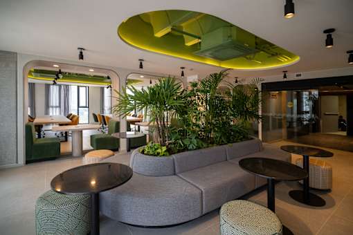 A modern living room with a large grey couch and a green plant.