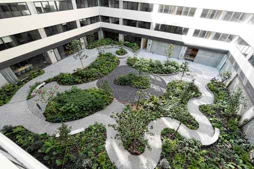 A courtyard with a circular garden and a winding path.