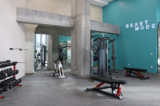 a workout room with weights and cardio machines at the east side mode gym