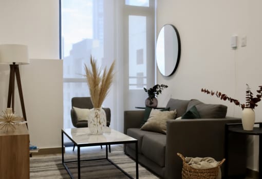 a living room with a couch and a coffee table