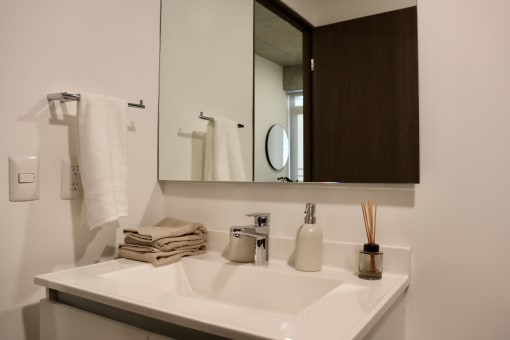 a bathroom with a sink and a mirror and a towel rack
