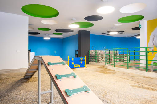 a large table with four skateboards on top of it in a room with blue walls and
