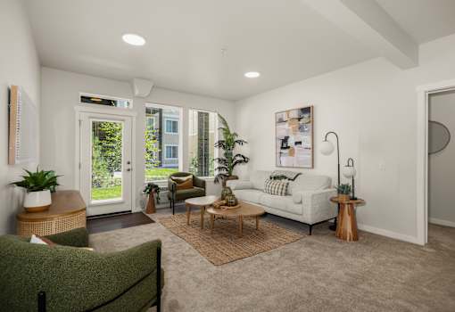 A living room with a white couch and a rug.