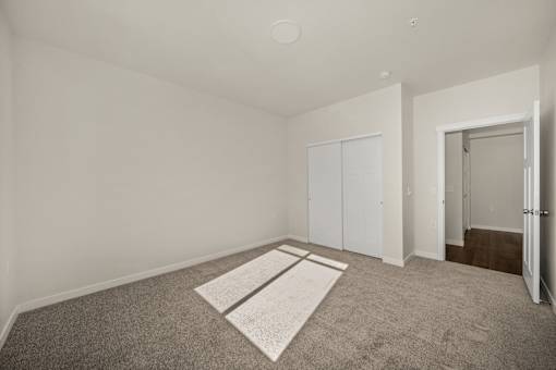 A room with a carpet and a rug on the floor.