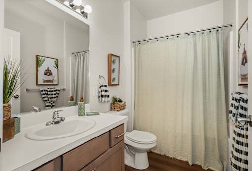 A bathroom with a white sink, toilet, and a shower curtain.
