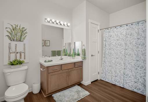 A bathroom with a white toilet, a wooden vanity, and a shower curtain.