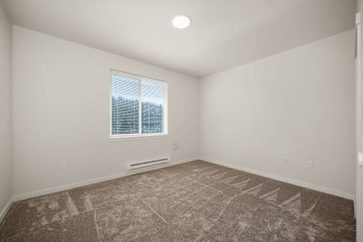 A room with a window and a carpeted floor.