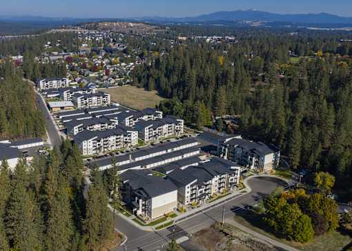 A large apartment complex is surrounded by trees and a road.