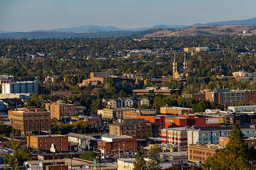 A cityscape with buildings of various sizes and colors, surrounded by trees and hills in the distance.