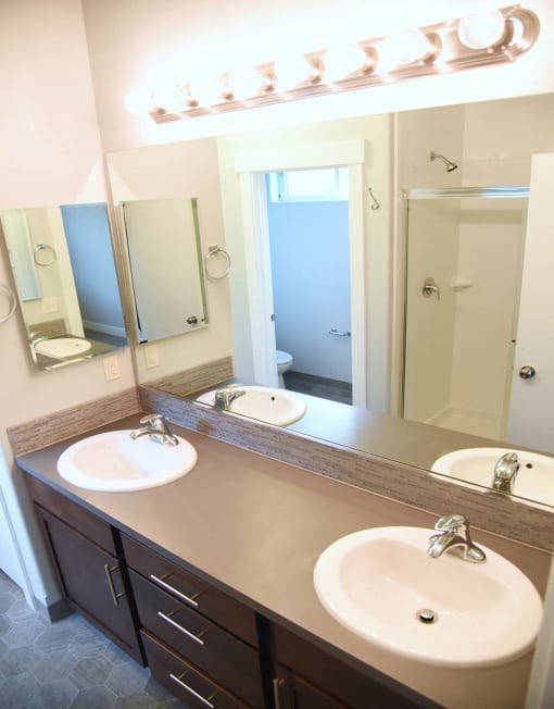 a bathroom with two sinks and a large mirror