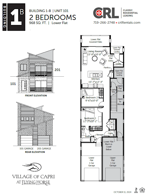 A drawing of a two bedroom building with a floor plan and elevation.