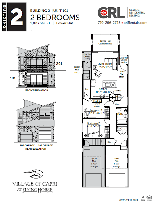 A floor plan for a 2 bedroom, 1,023 square foot lower flat is shown.