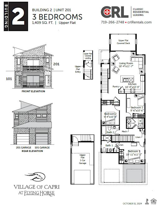 A floor plan for a 2 bedroom, 1409 square foot, upper flat at the Village of Capri at Flying Horse.