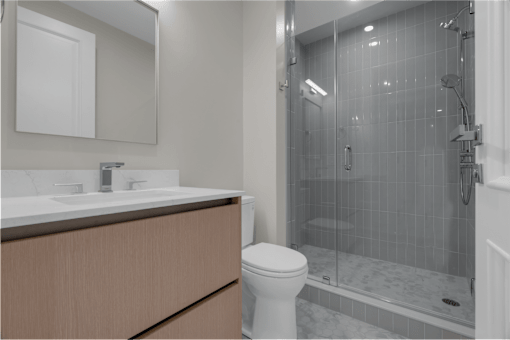a bathroom with a shower and a sink and a toilet