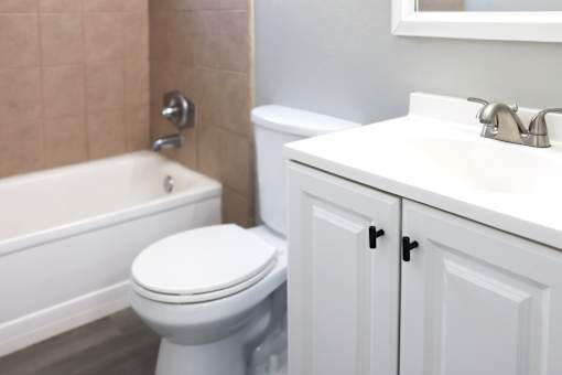 A white toilet sits next to a bathtub in a bathroom.