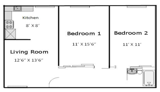 A floor plan of a small apartment with a living room, kitchen, and two bedrooms.