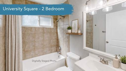 A digitally staged photo of a 2 bedroom University Square apartment.