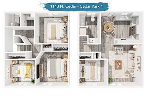 A floor plan of a four bedroom apartment at Cedar Park 1.
