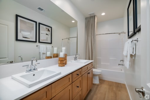 a bathroom with two sinks and a shower and a toilet