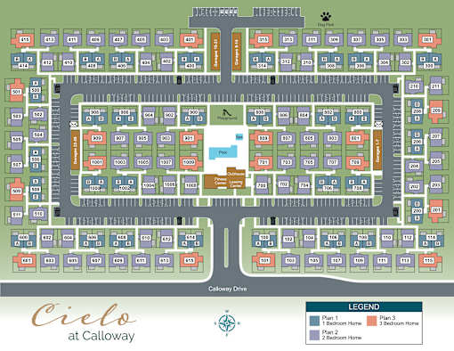 A map of the Cielo at Calloway residential complex, showing the layout of the buildings and rooms.