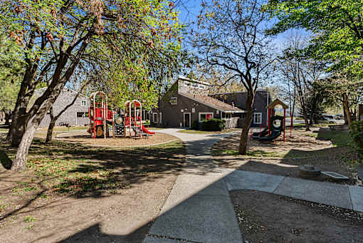 A playground with a red slide and a green tree.